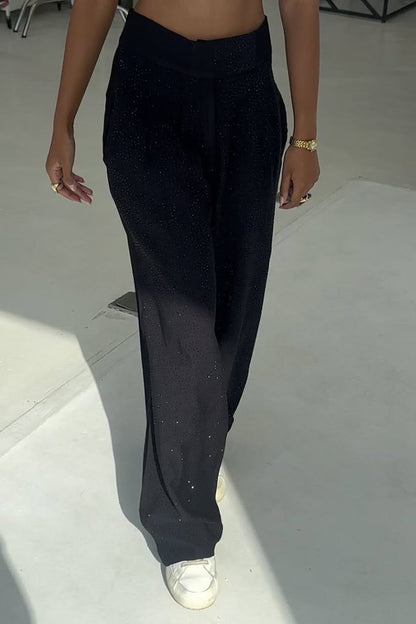 Women's Fashion Rhinestone Shiny Irregular Waist Wide Leg Pants