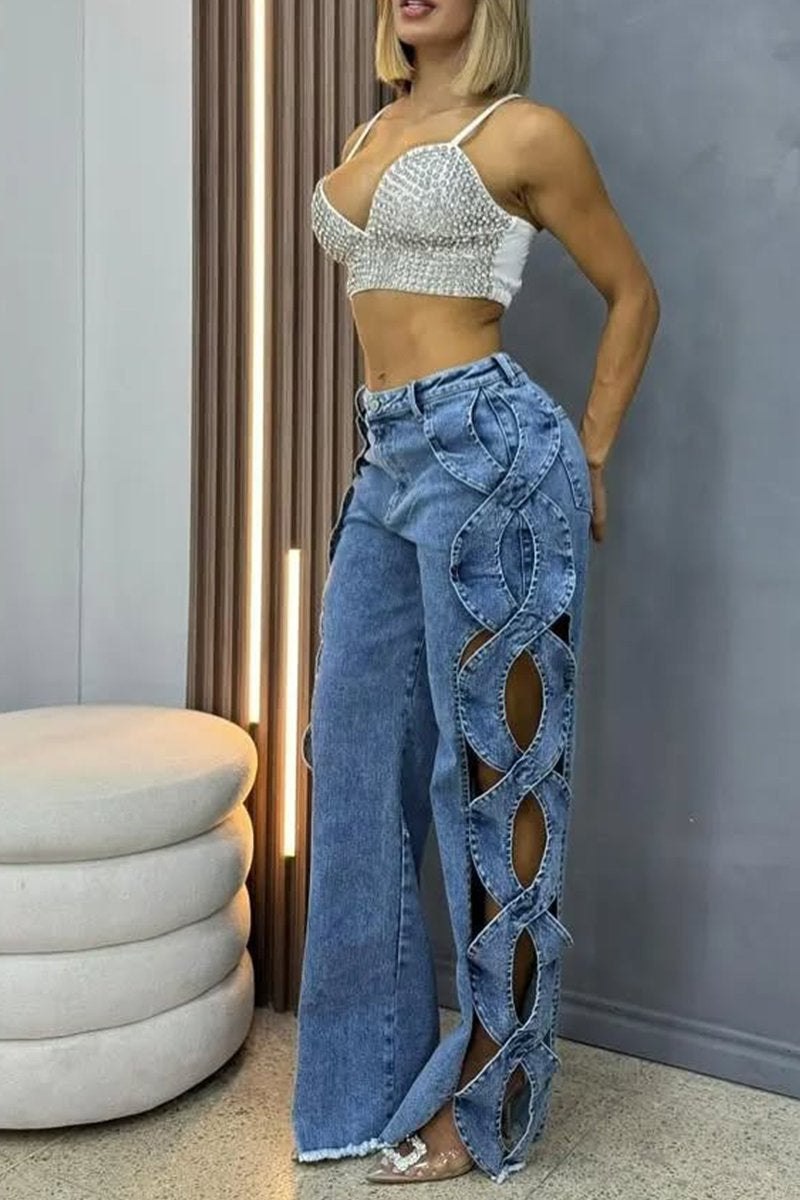 Women's Hollow Design Wide-leg Fashionable Jeans