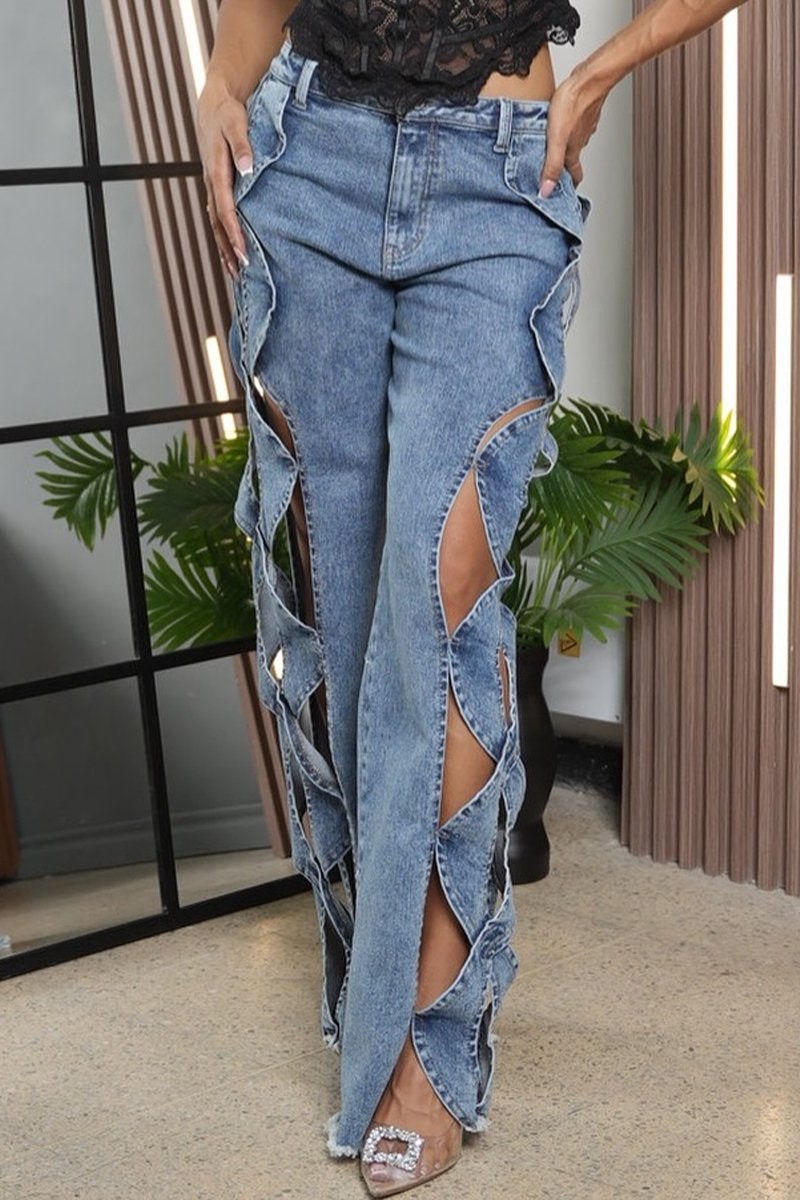 Women's Hollow Design Wide-leg Fashionable Jeans