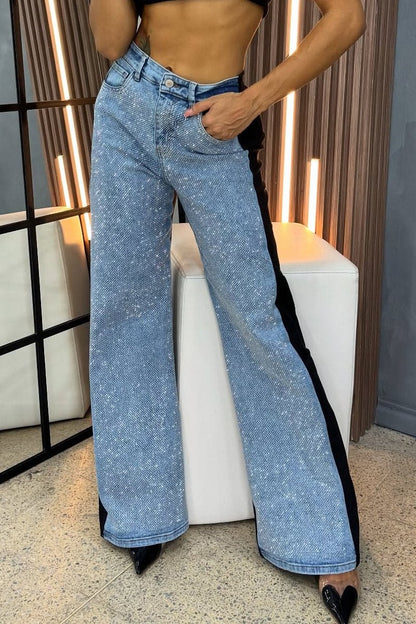 Women's Contrast Color Rhinestone Casual Flared Pants