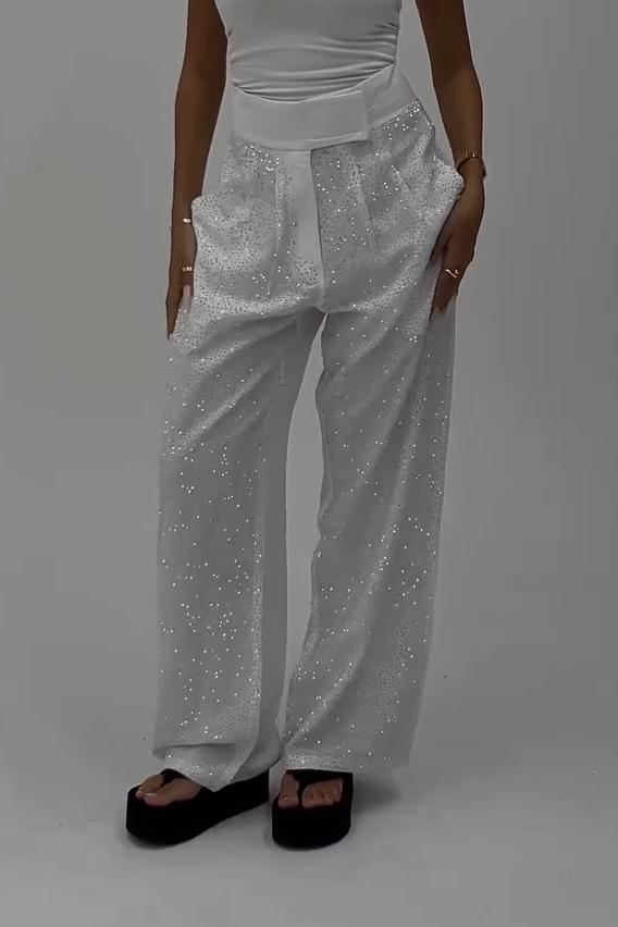 Women's Fashion Rhinestone Shiny Irregular Waist Wide Leg Pants