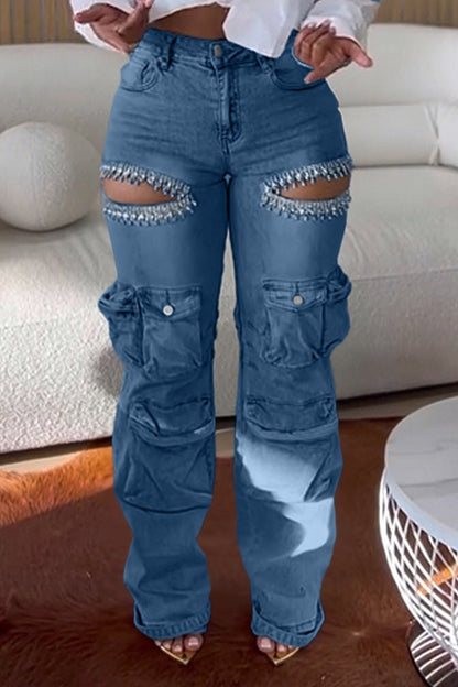 Women's Cool Pearl Distressed Hiking Pocket Denim Pants