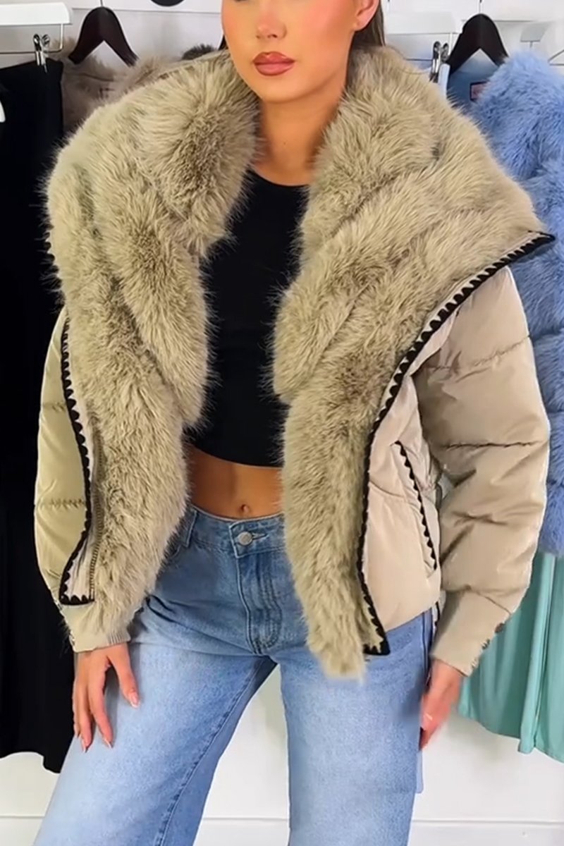 Women's lazy fur collar contrast pocket thickened cotton jacket