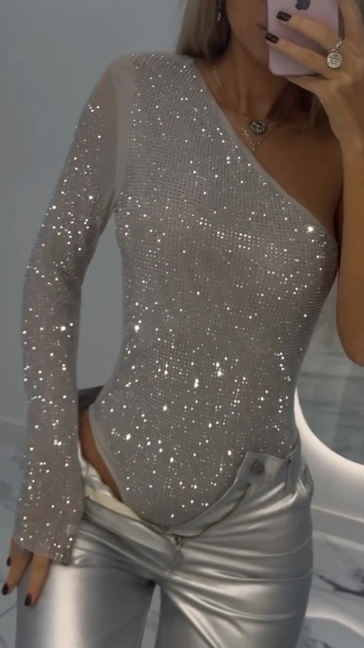 Women's One-shoulder Tight-fitting Rhinestone Top