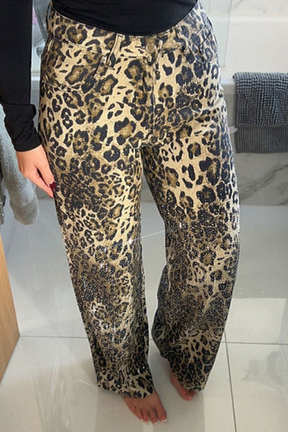 Women's Diamond Shiny Leopard Print Casual Jeans