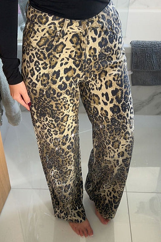 Women's Diamond Shiny Leopard Print Casual Jeans