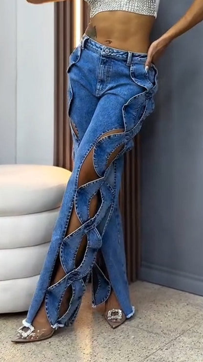 Women's Hollow Design Wide-leg Fashionable Jeans