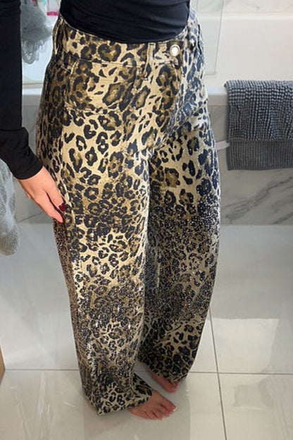 Women's Diamond Shiny Leopard Print Casual Jeans