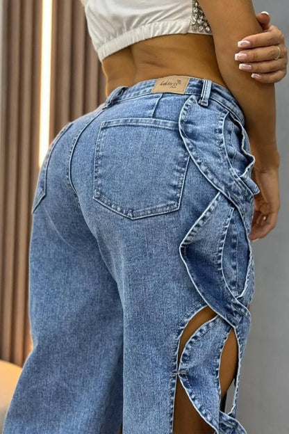 Women's Hollow Design Wide-leg Fashionable Jeans