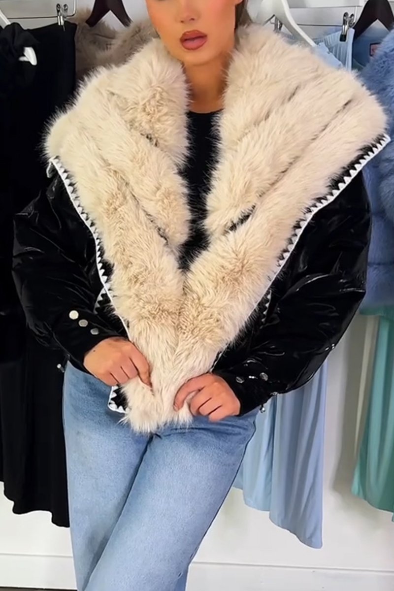 Women's lazy fur collar contrast pocket thickened cotton jacket