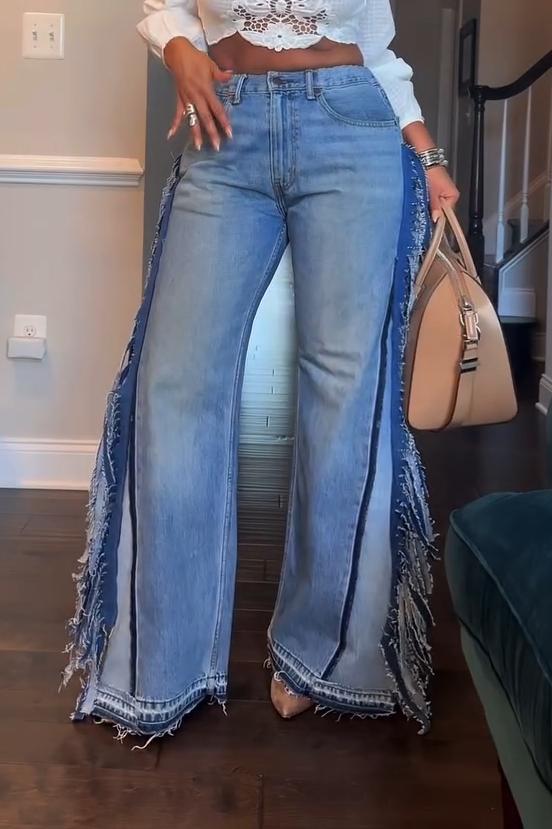 Women's Fashion High Rise Side Tassel Wide Leg Jeans