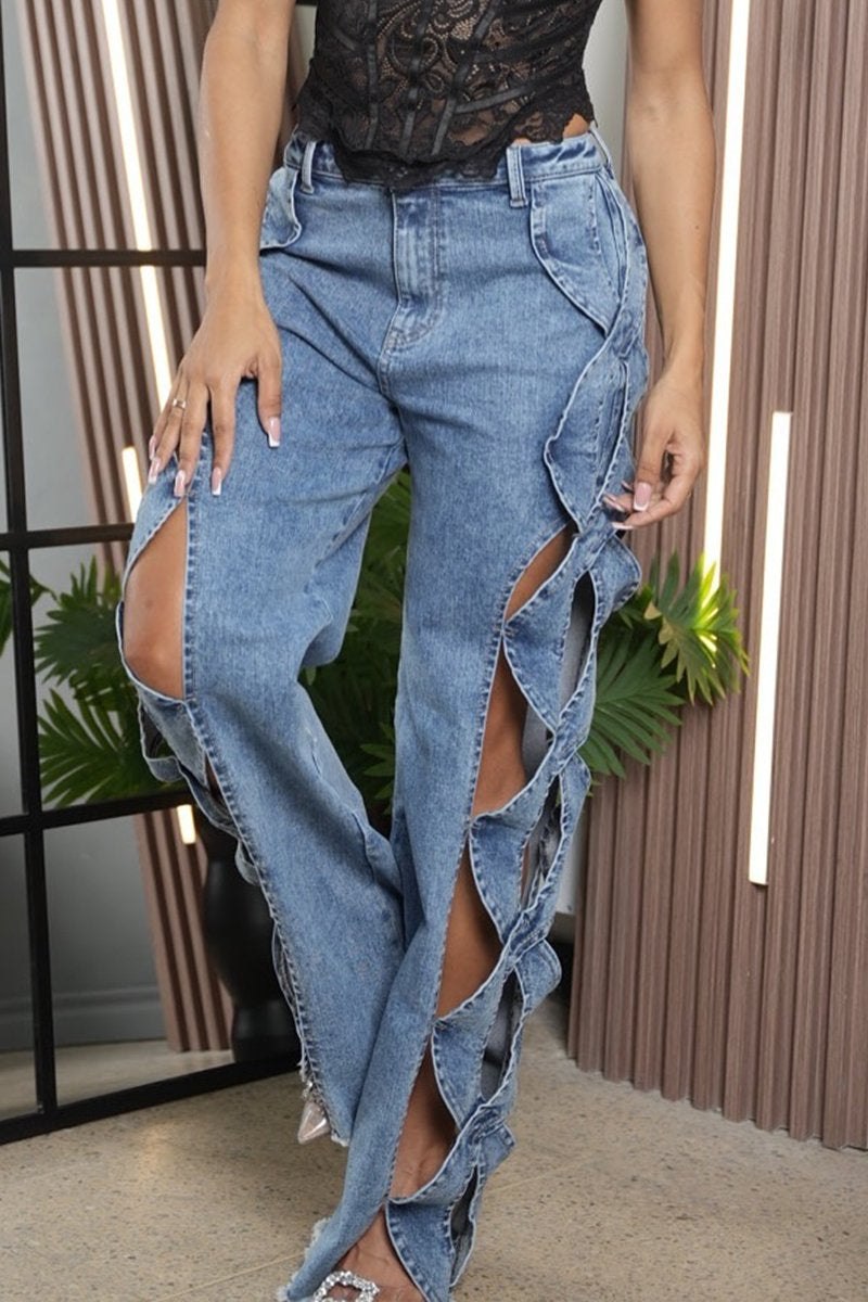 Women's Hollow Design Wide-leg Fashionable Jeans