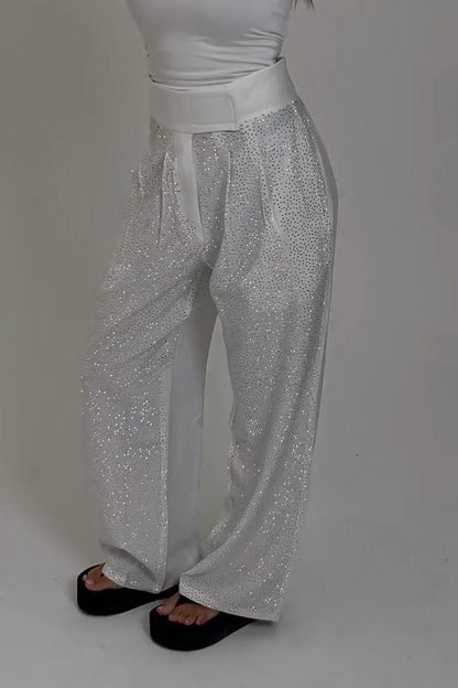 Women's Fashion Rhinestone Shiny Irregular Waist Wide Leg Pants