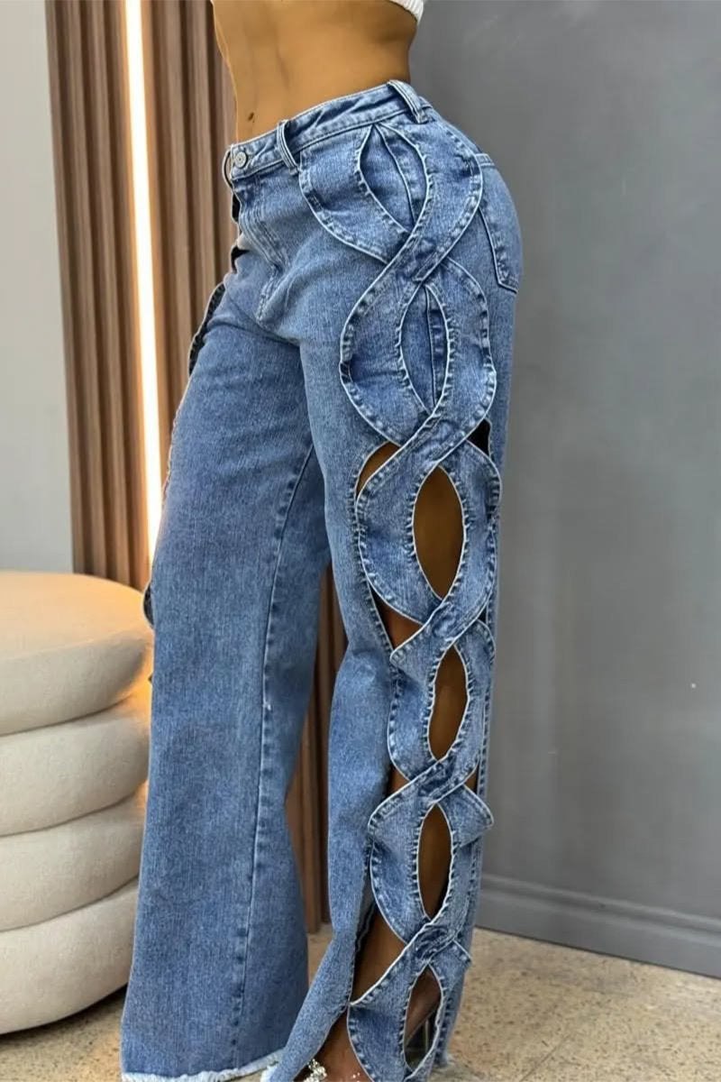 Women's Hollow Design Wide-leg Fashionable Jeans