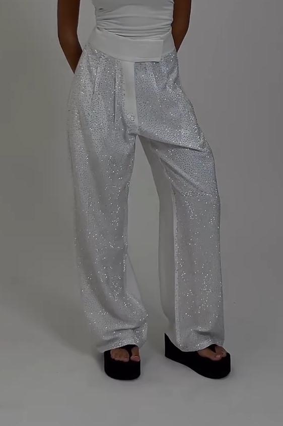 Women's Fashion Rhinestone Shiny Irregular Waist Wide Leg Pants