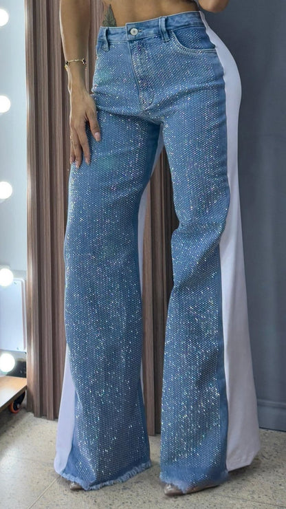 Women's Contrast Color Rhinestone Casual Flared Pants