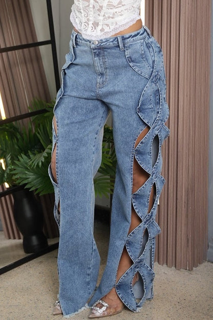 Women's Hollow Design Wide-leg Fashionable Jeans